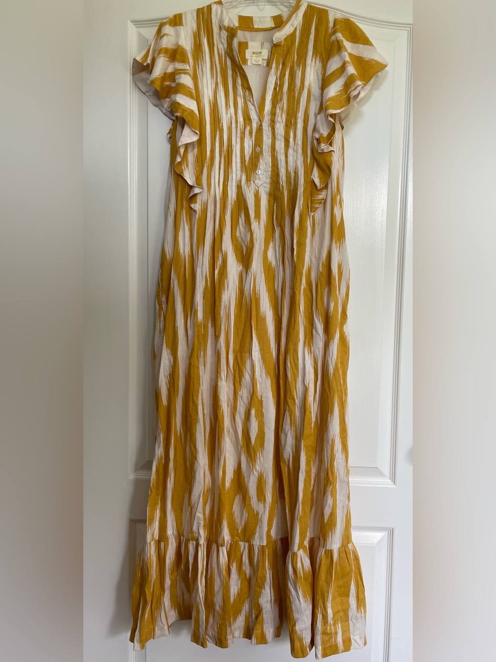Maeve Anthropologie Mustard and Cream Ikat Maxi Dress